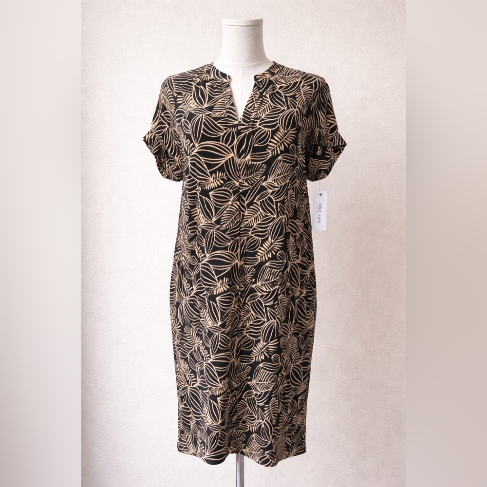 Tribal Jeans Leaf Print Shift Dress Black Tan NWOT Size Small Casual Midi